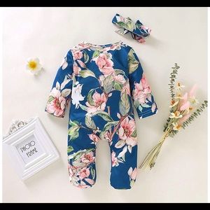 Blue floral baby romper + with matching ribbon bow
